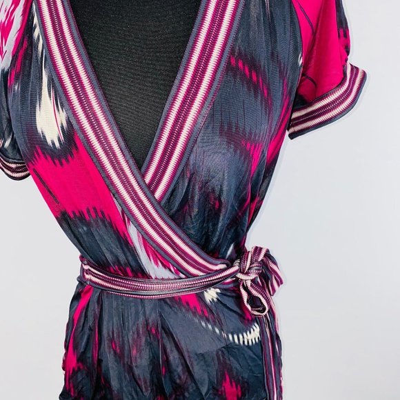 BCBG Maxazria Women's Small  S Pink Black Taupe Gray Abstract Faux Wrap Top - Picture 3 of 8